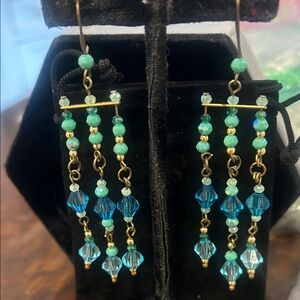Vintage Teal Blue,Aquamarine and Mint Green Crystal Dangle Earrings-NWT